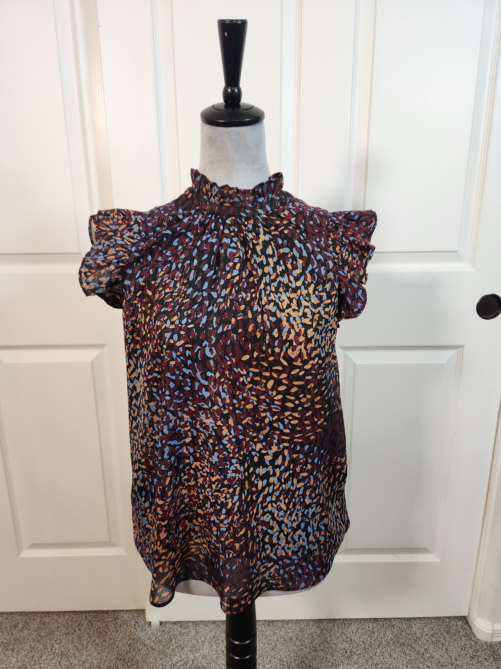 Express Printed Ruffle Neck Blouse - Blue & Brown